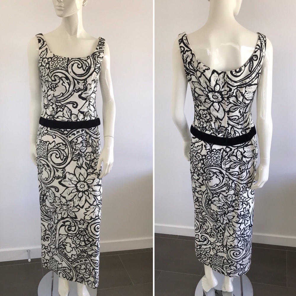 Vintage 50s 60s Floral 2 Piece Evening Gown Rhinestone Buttons Velvet Trim